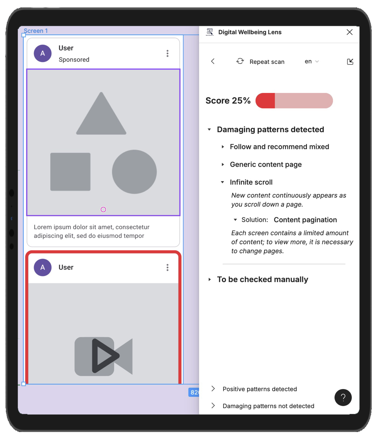 Digital Wellbeing Lens, a Figma plugin that scans a prototype and computes a digital wellbeing score.