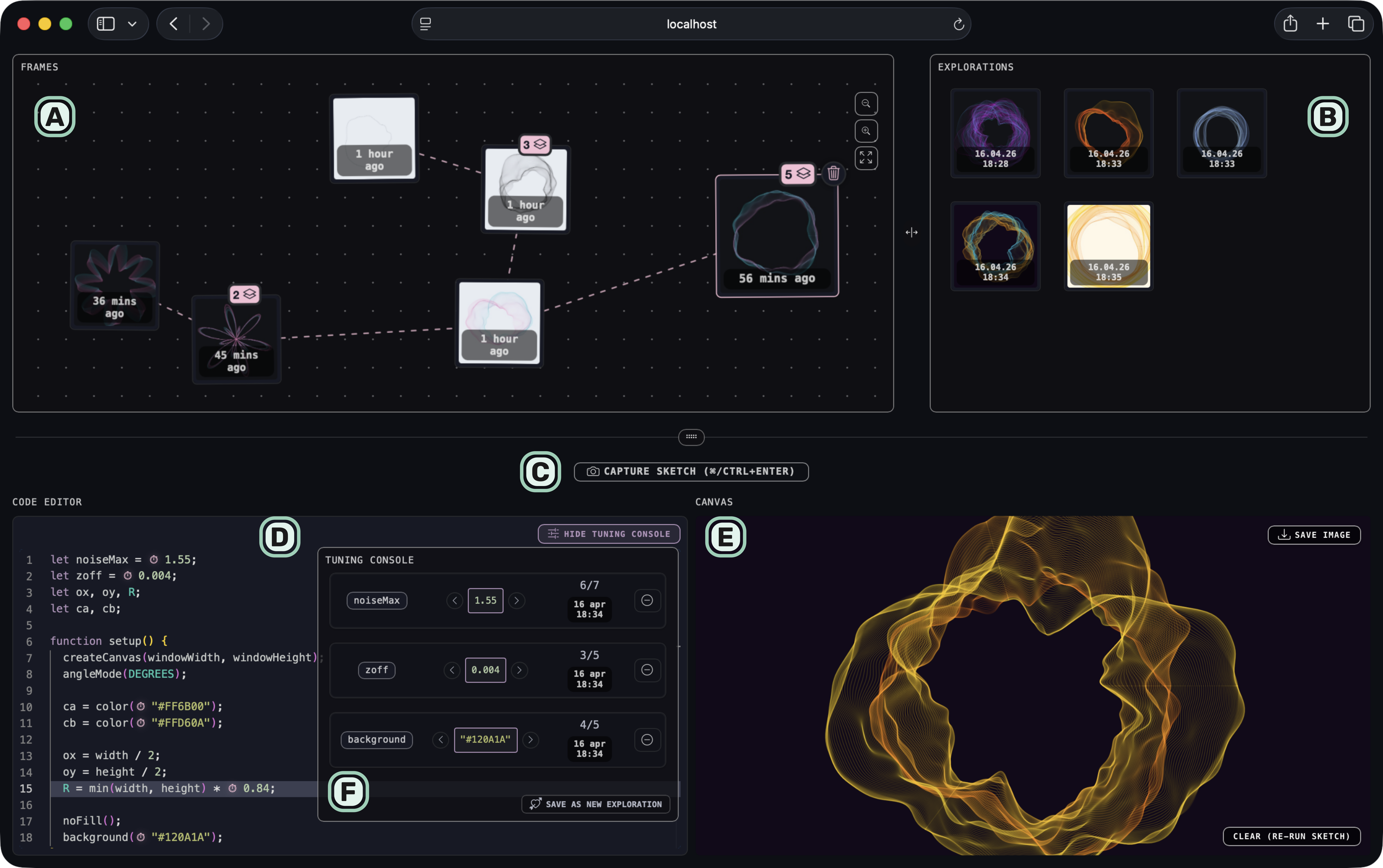 Screenshot of the Reframe Creative Coding environment