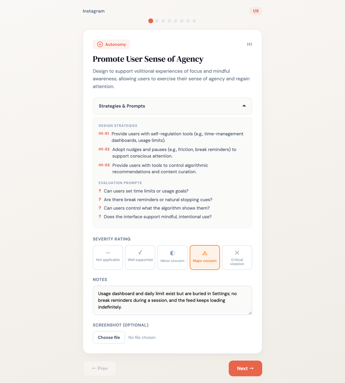 Evaluating a heuristic: strategies, evaluation prompts, severity rating, and notes.