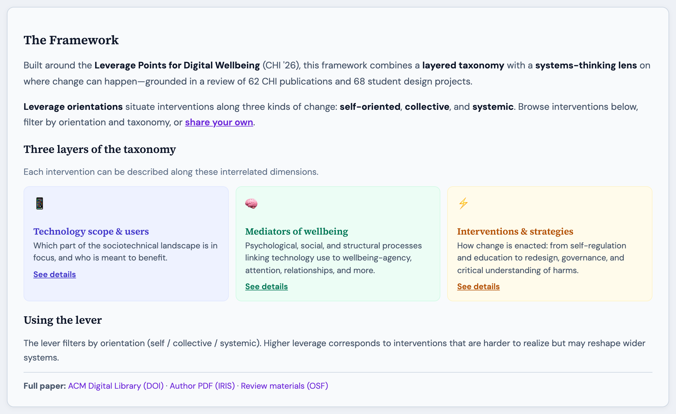 The Explore tab of the Leverage Points Explorer, with the three layers of the taxonomy presented as cards.
