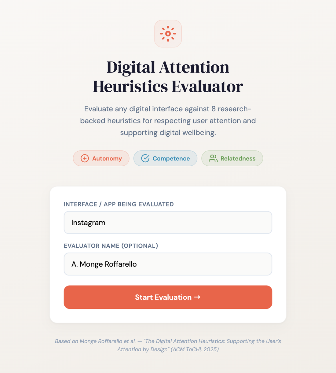 Start screen of the Digital Attention Heuristics Evaluator.