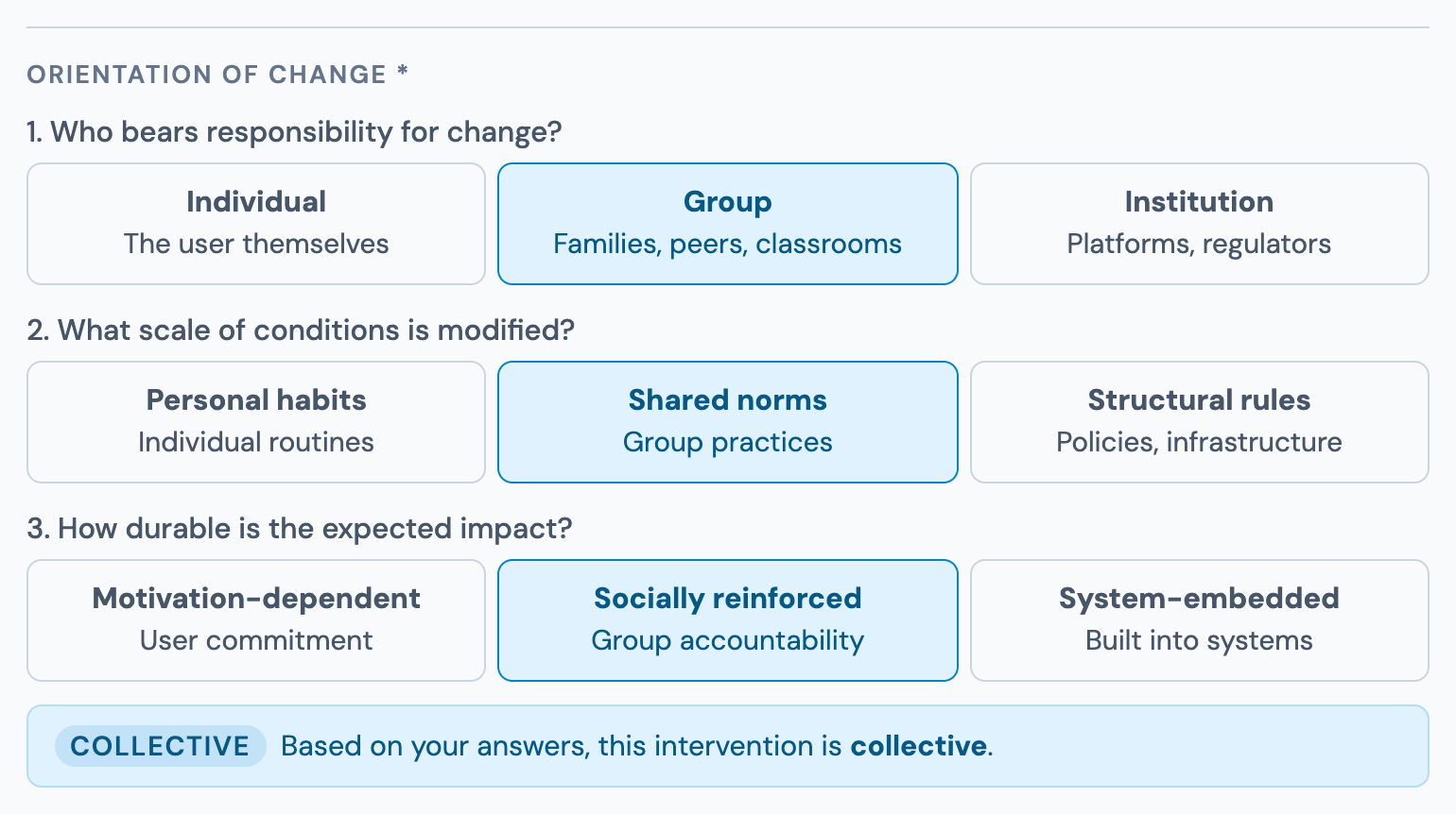 The three guiding questions in the Share tab, with the inferred orientation shown below.